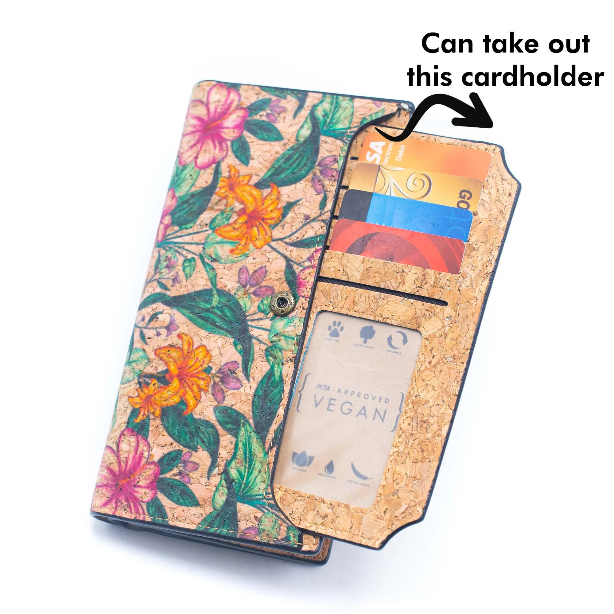 6 Natural Cork card long Wallets with Floral Print and Mosaic Patterns (6 Units Pack) HY-015-MIX-6