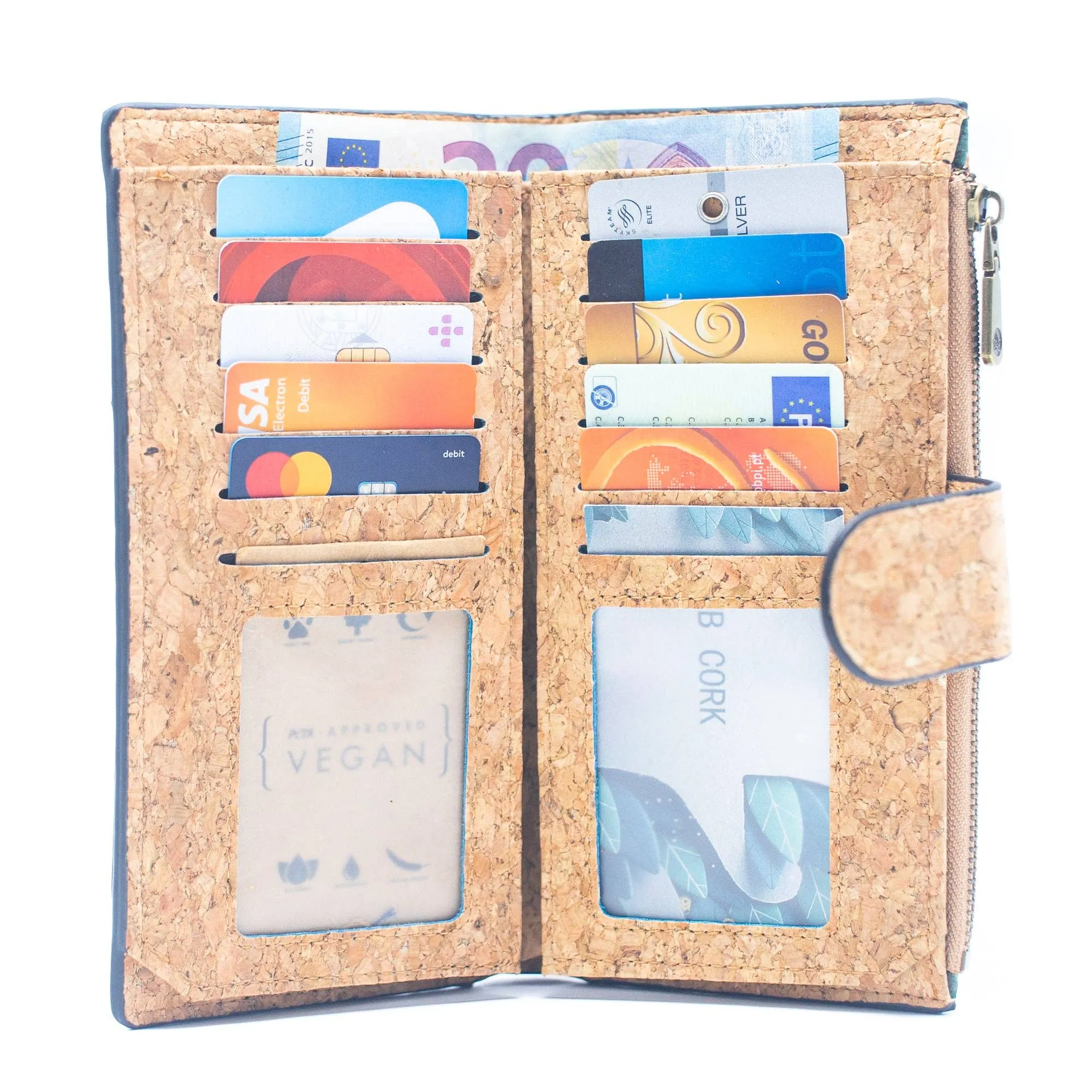 6 Natural Cork card long Wallets with Floral Print and Mosaic Patterns (6 Units Pack) HY-015-MIX-6