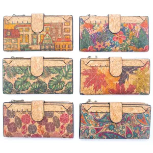 6 Natural Cork card long Wallets with Floral Print and Mosaic Patterns (6 Units Pack) HY-015-MIX-6