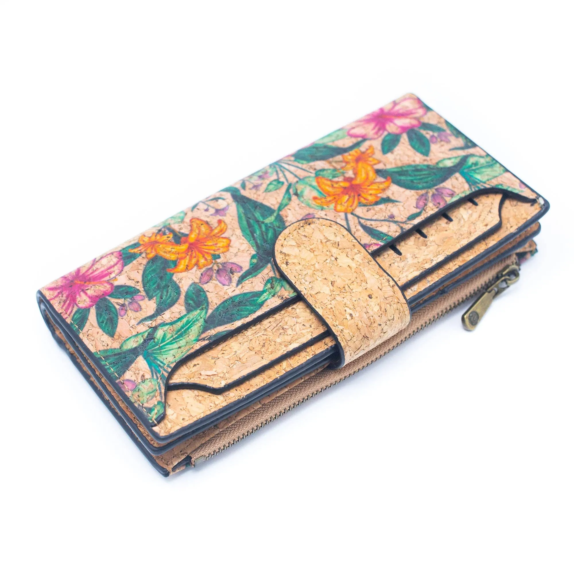 6 Natural Cork card long Wallets with Floral Print and Mosaic Patterns (6 Units Pack) HY-015-MIX-6