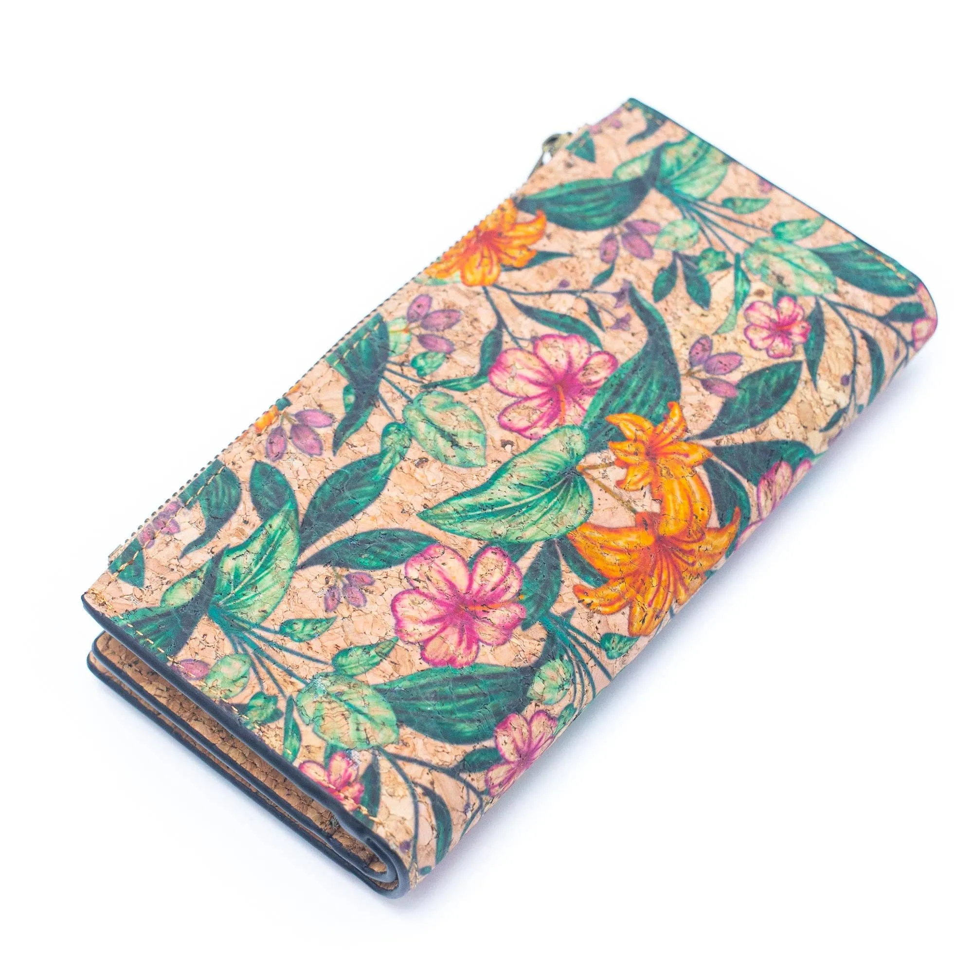 6 Natural Cork card long Wallets with Floral Print and Mosaic Patterns (6 Units Pack) HY-015-MIX-6