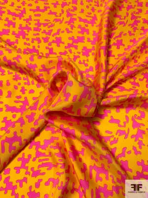 Abstract Puzzle Pieces Printed Fine Silk Twill - Highlighter Pink / Golden Yellow