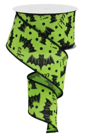 Black and lime green halloween bats wired ribbon, 2.5"