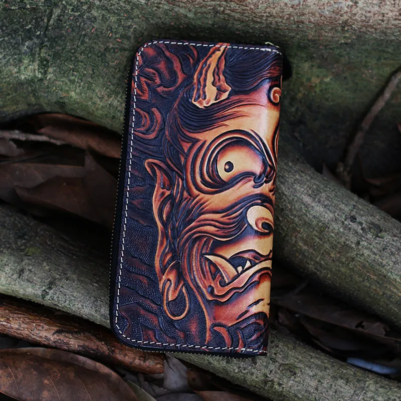 Black Tooled Buddha Leather Wallet Handmade Zipper Long Wallets For Men