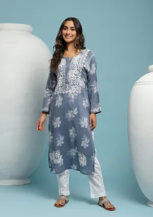 Cotton Chikankari Printed Women's Long Kurta - Grey