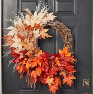 Fall Breeze & Autumn Leaves - Multicolored Ombre Maple Leaf & Pampas Grass Fall Front Door Asymmetrical Wreath