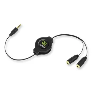 Headphone Splitter | Audio Splitter | Retractable Cord | Black