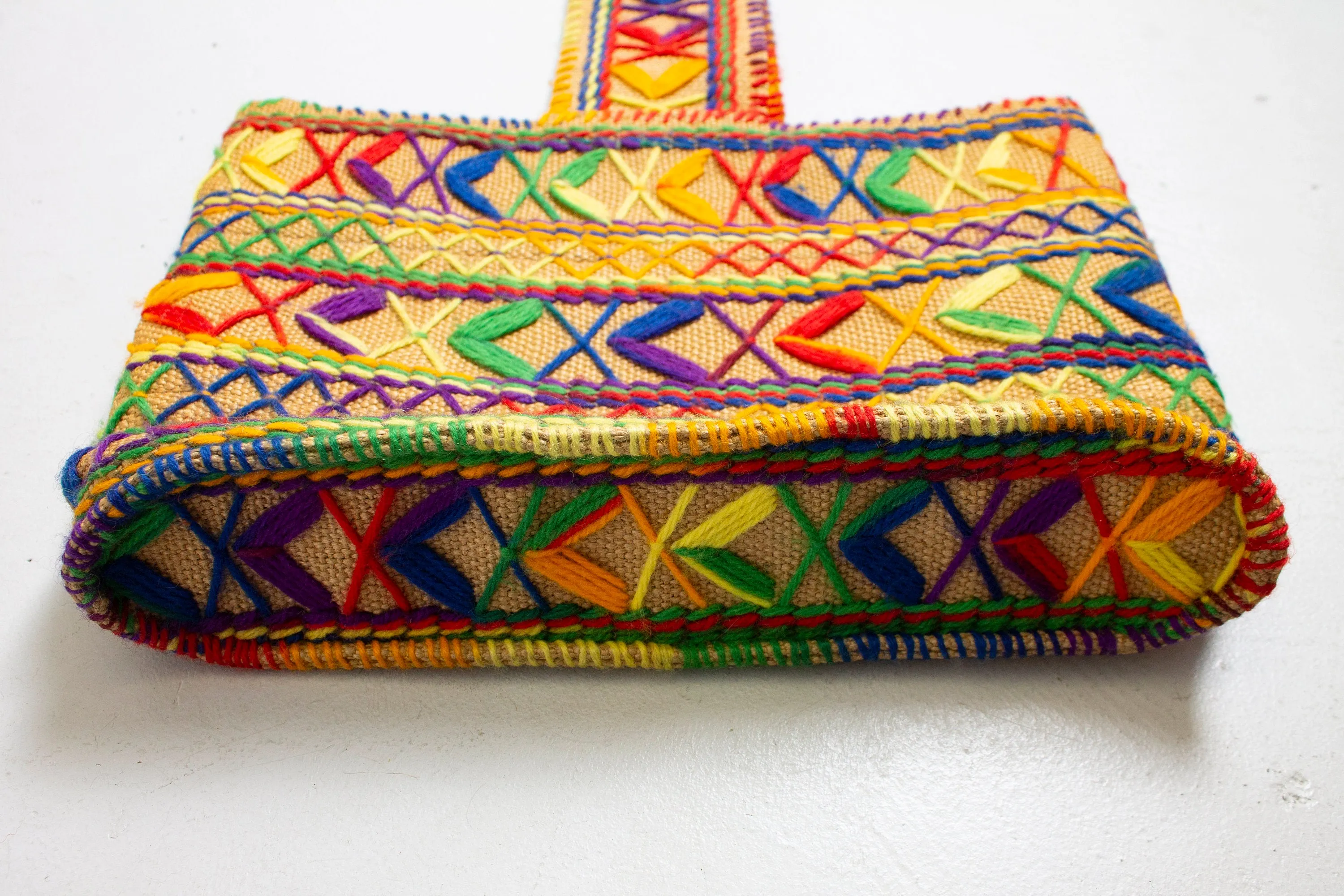 Vintage 1970s Tote Bag Rainbow Woven Boho Purse 70s