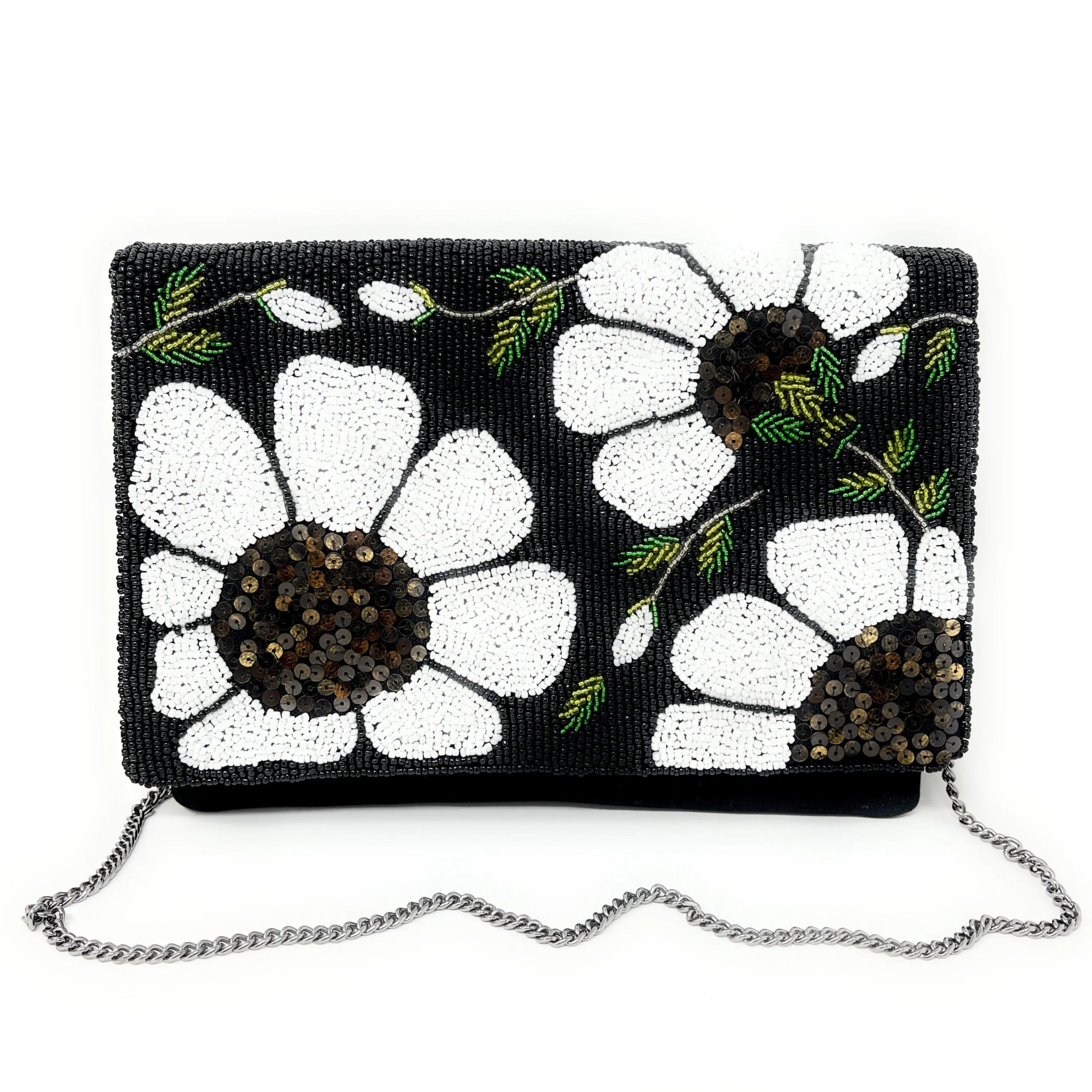 White Black Poppy Beaded Sequin Clutch Purse